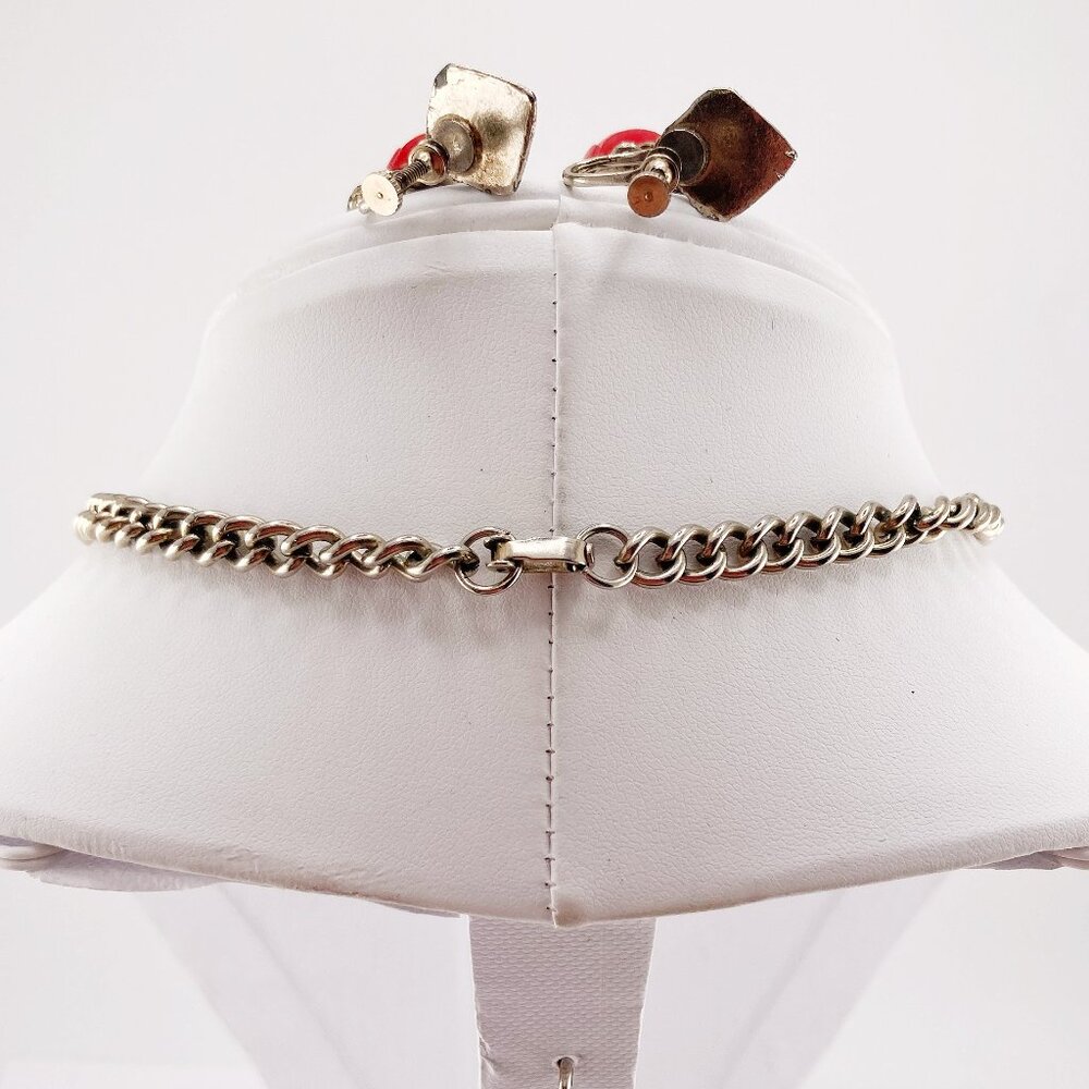 VINTAGE Red plastic rose and silver tone metal choker necklace & earring set - Picture 8 of 15